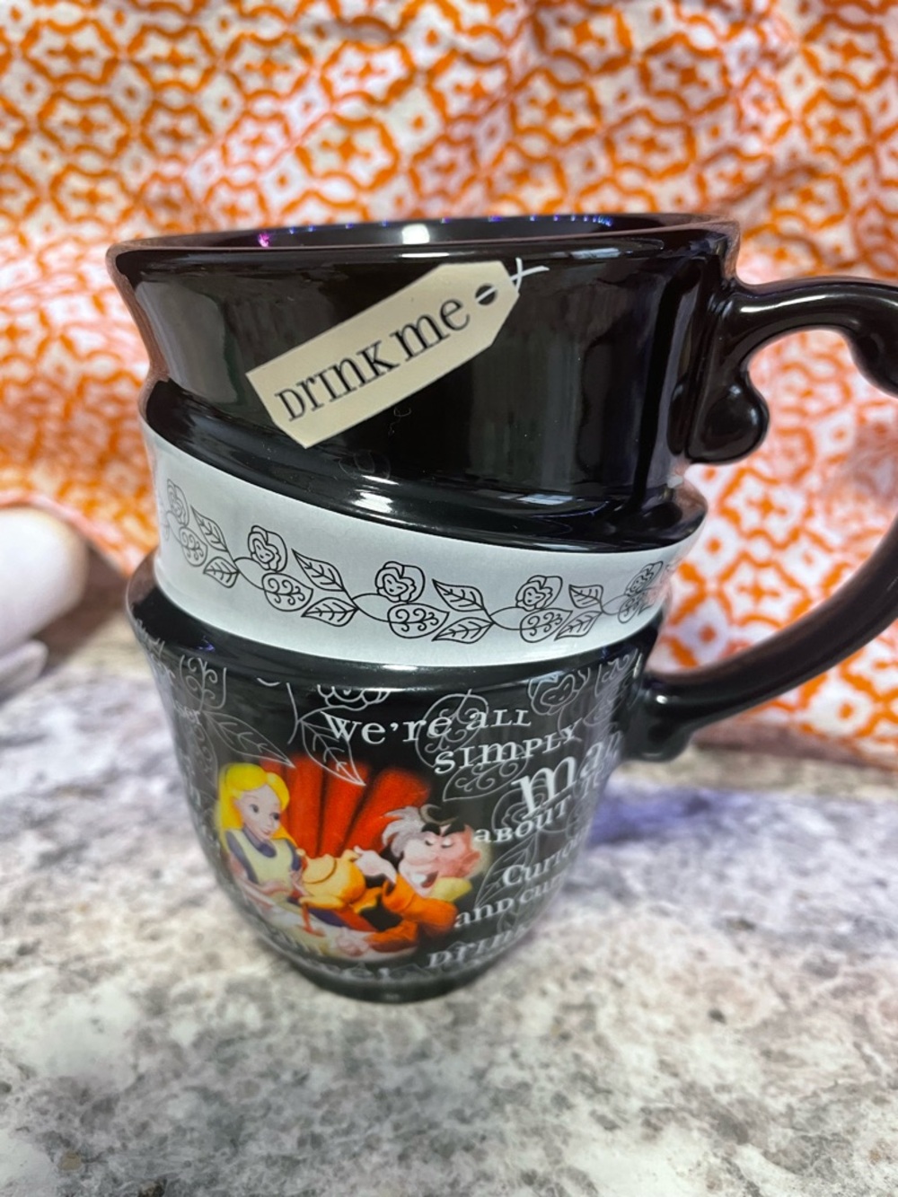 Black Alice in Wonderland Ceramic Stacked Mug Set with 'Drink Me' Tag